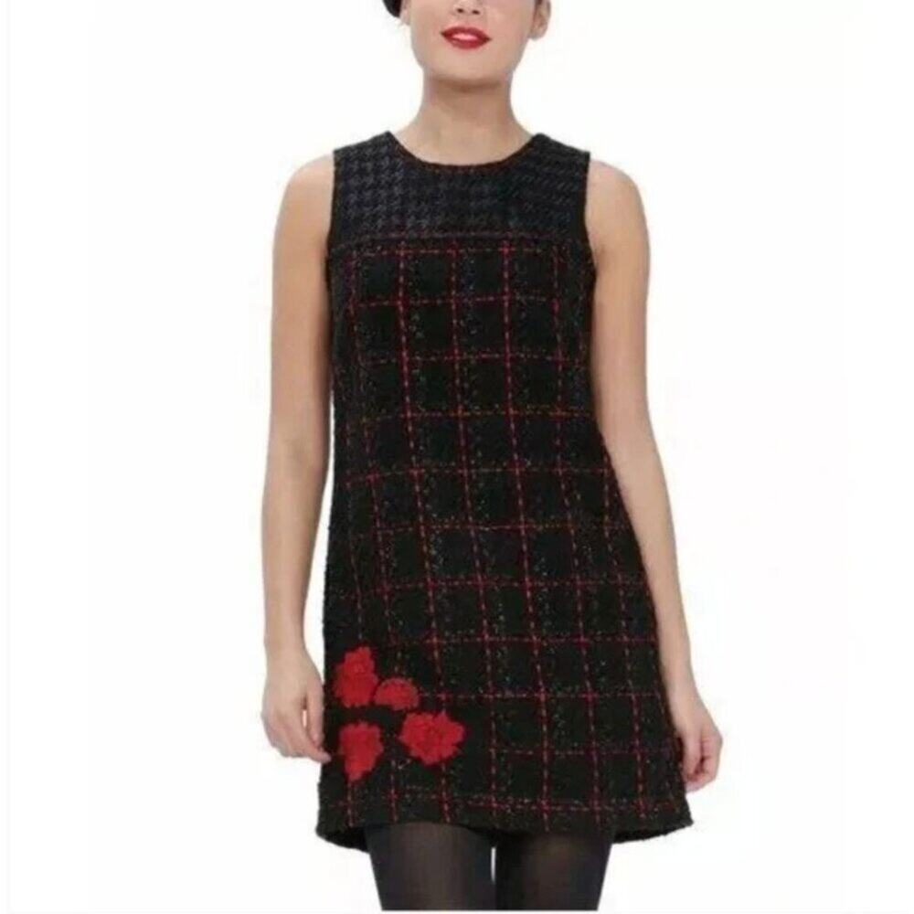 DESIGUAL Sleeveless Wool Blend Boucle Sheath Dress Red Black Spain 42 US 10 12 V